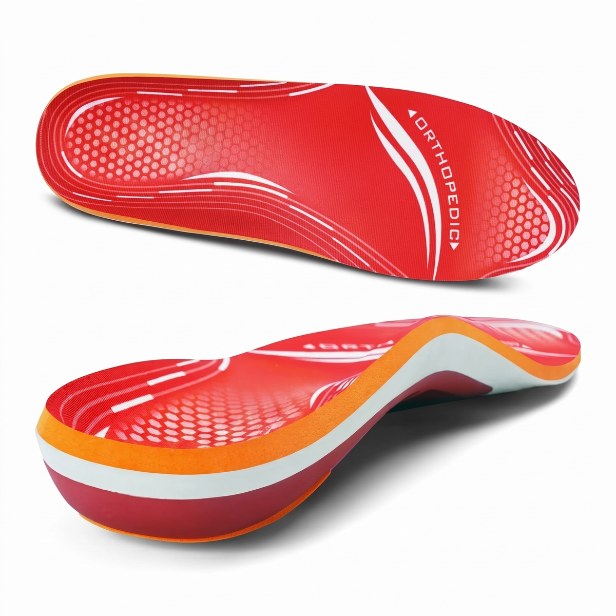 The Daily Insole in red — top view and side profile showing the contoured arch