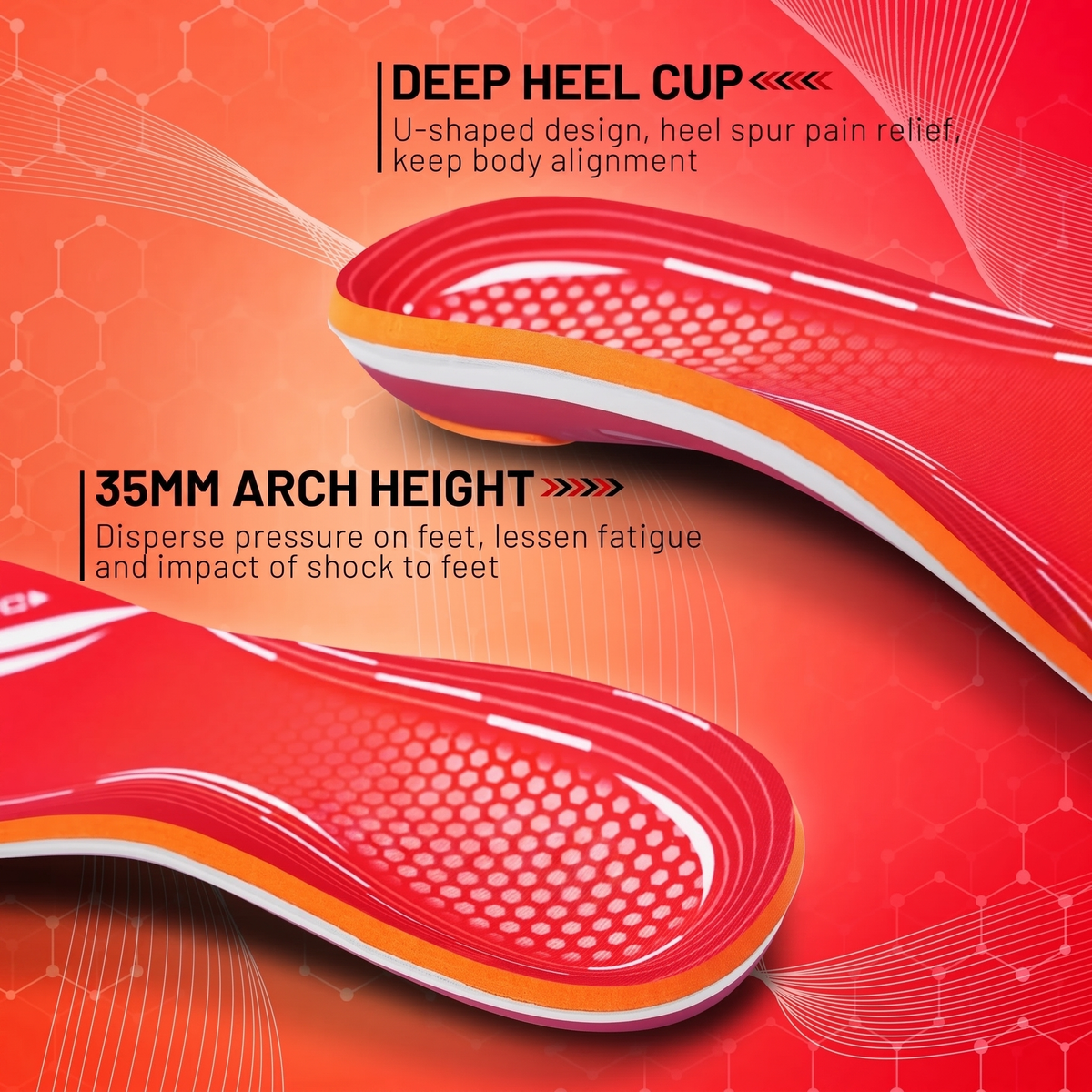 Deep U-shaped heel cup and 35mm arch height detail