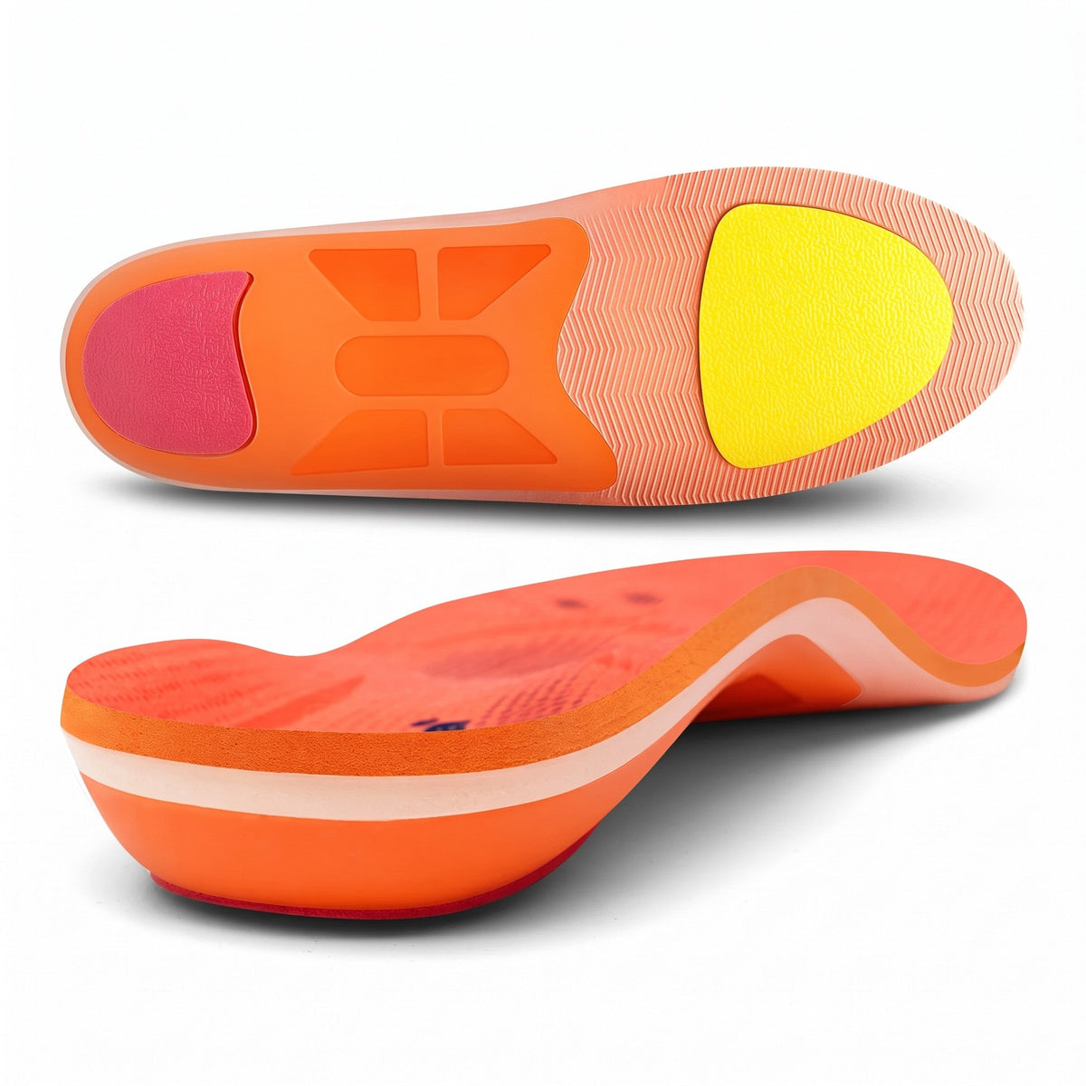 The Daily Insole pair in orange, underside and side profile