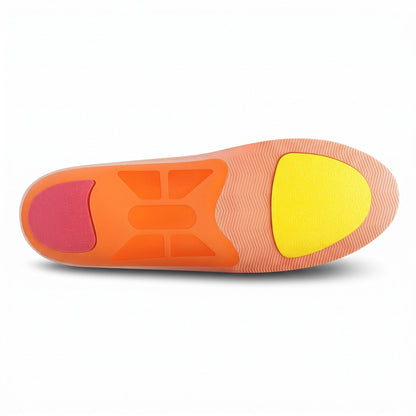Underside grip pads and the semi-rigid support shell in profile, orange